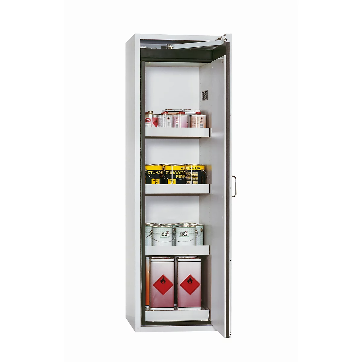Armoire de sécurité de type 90 asecos S-CLASSIC-90, porte à charnière avec arrêt de porte, charnière droite, façade gris clair, L 596 x P 616 x H 1968 mm