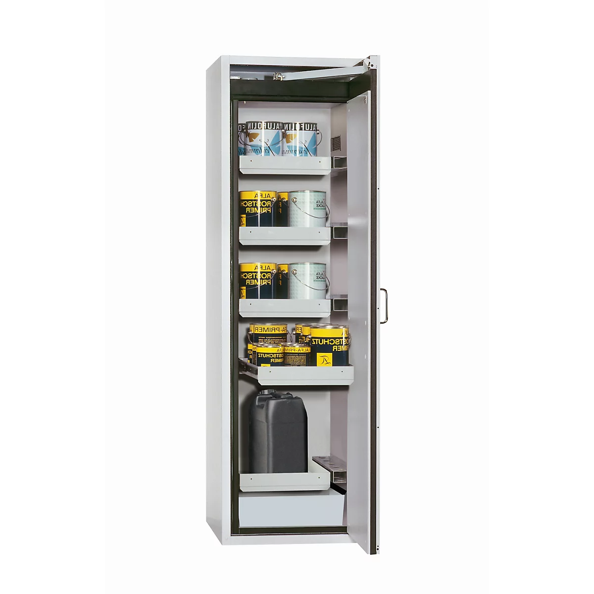Armoire de sécurité de type 90 asecos S-CLASSIC-90, porte à charnière avec arrêt de porte, charnière droite, façade gris clair, L 596 x P 616 x H 1968 mm