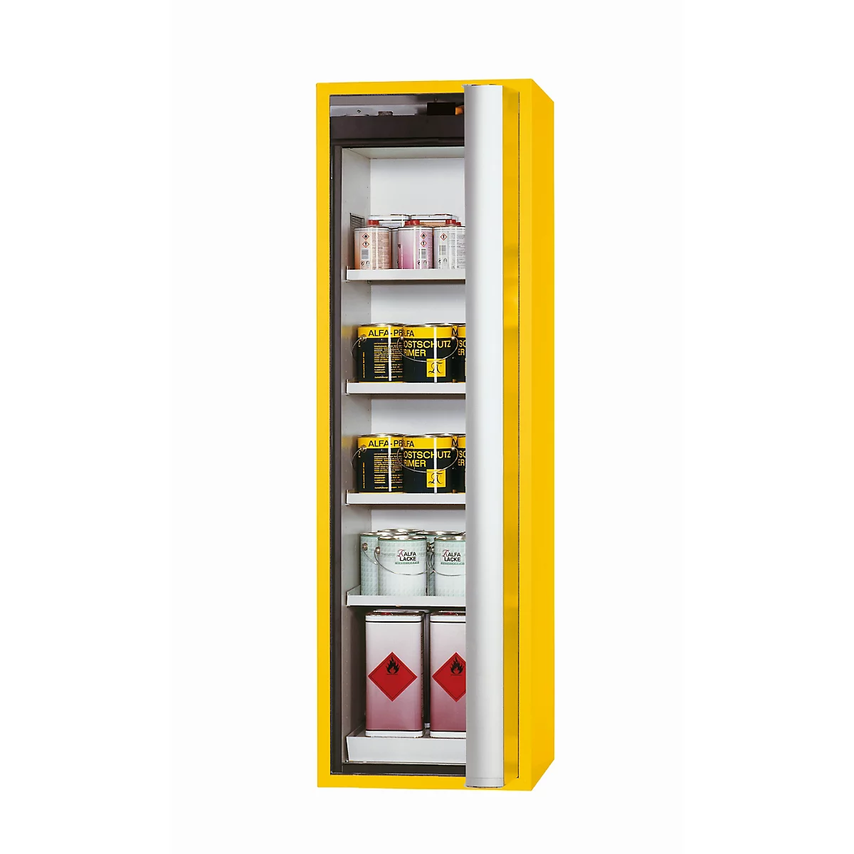 Armoire de sécurité de type 90 asecos S-PHOENIX Vol.2-90, porte pliante avec fermeture automatique, charnière à droite, façade en jaune de sécurité, L 596 x P 616 x H 1968 mm