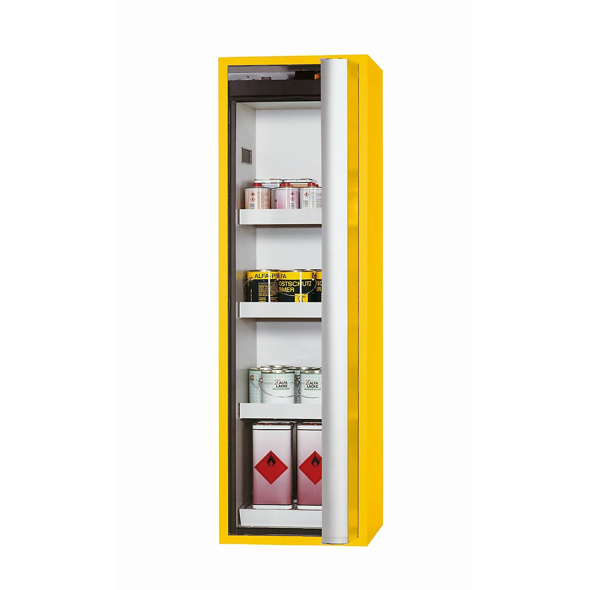 Armoire de sécurité de type 90 asecos S-PHOENIX Vol.2-90, porte pliante avec fermeture automatique, charnière à droite, façade en jaune de sécurité, L 596 x P 616 x H 1968 mm