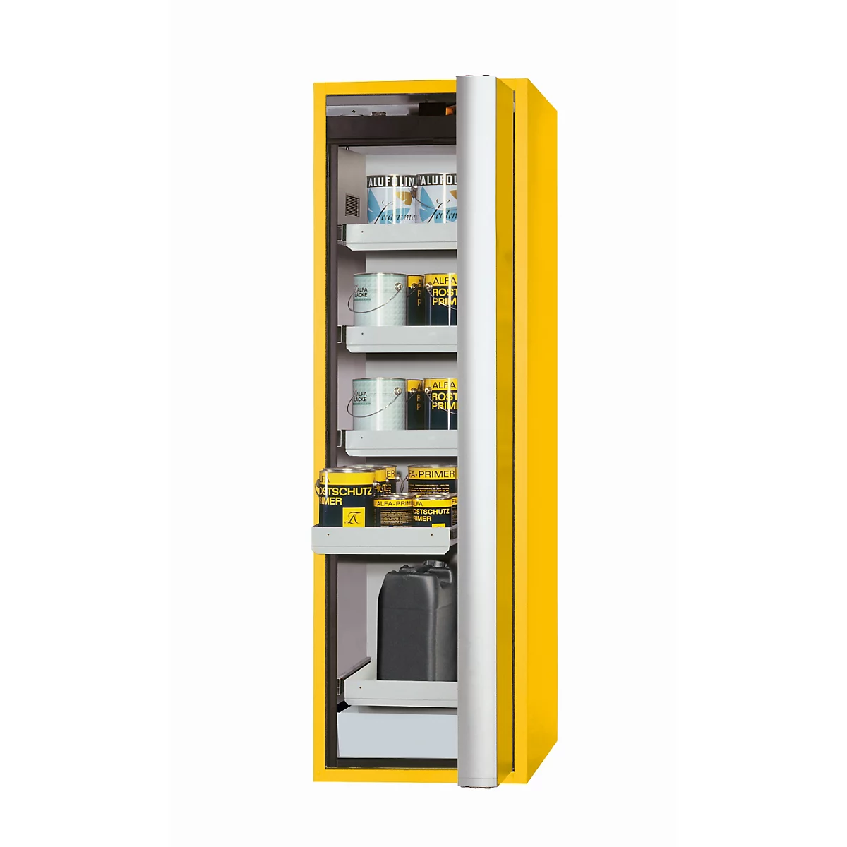 Armoire de sécurité de type 90 asecos S-PHOENIX Vol.2-90, porte pliante avec fermeture automatique, charnière à droite, façade en jaune de sécurité, L 596 x P 749 x H 1968 mm