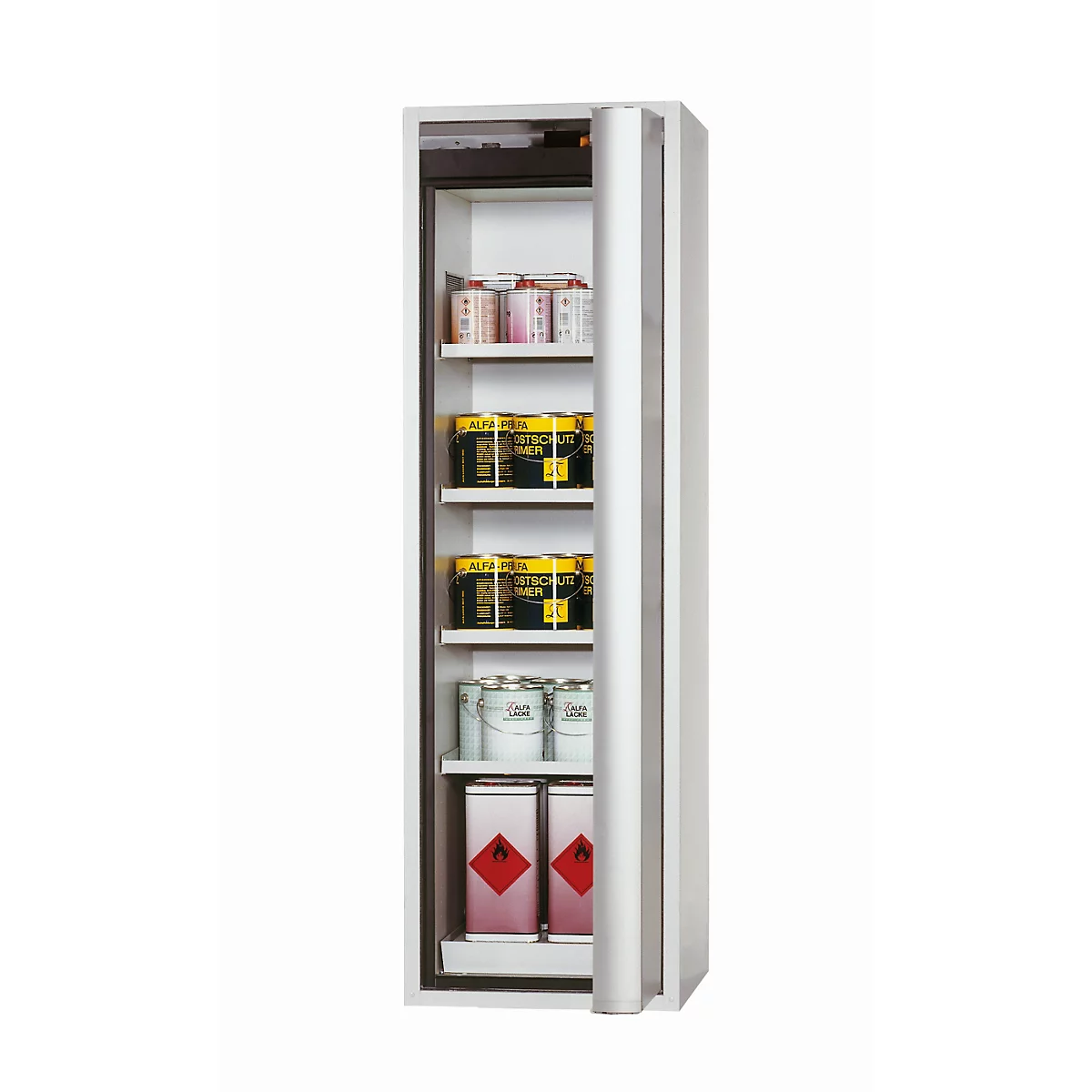 Armoire de sécurité de type 90 asecos S-PHOENIX Vol.2-90, porte pliante avec fermeture automatique, charnière à droite, façade gris clair, L 596 x P 616 x H 1968 mm