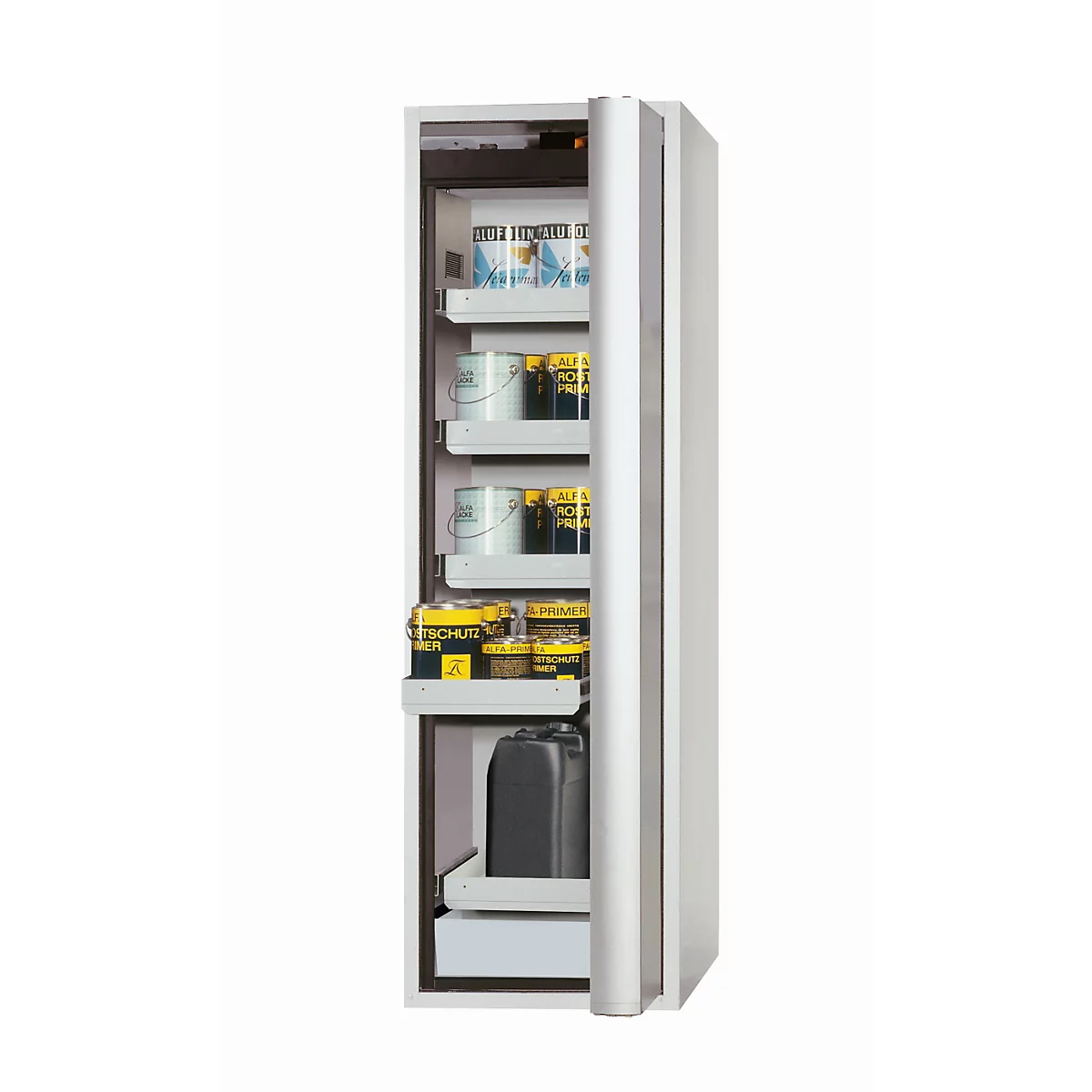 Armoire de sécurité de type 90 asecos S-PHOENIX Vol.2-90, porte pliante avec fermeture automatique, charnière à droite, façade gris clair, L 596 x P 749 x H 1968 mm