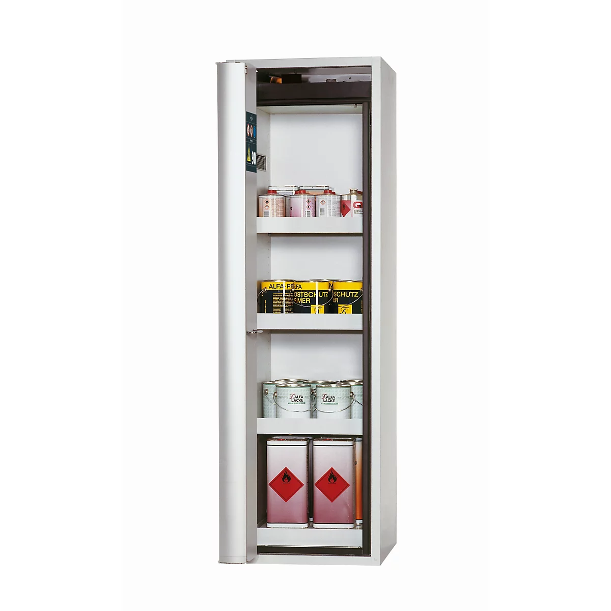 Armoire de sécurité de type 90 asecos S-PHOENIX Vol.2-90, porte pliante avec fermeture automatique, charnière à gauche, façade gris clair, L 596 x P 616 x H 1968 mm