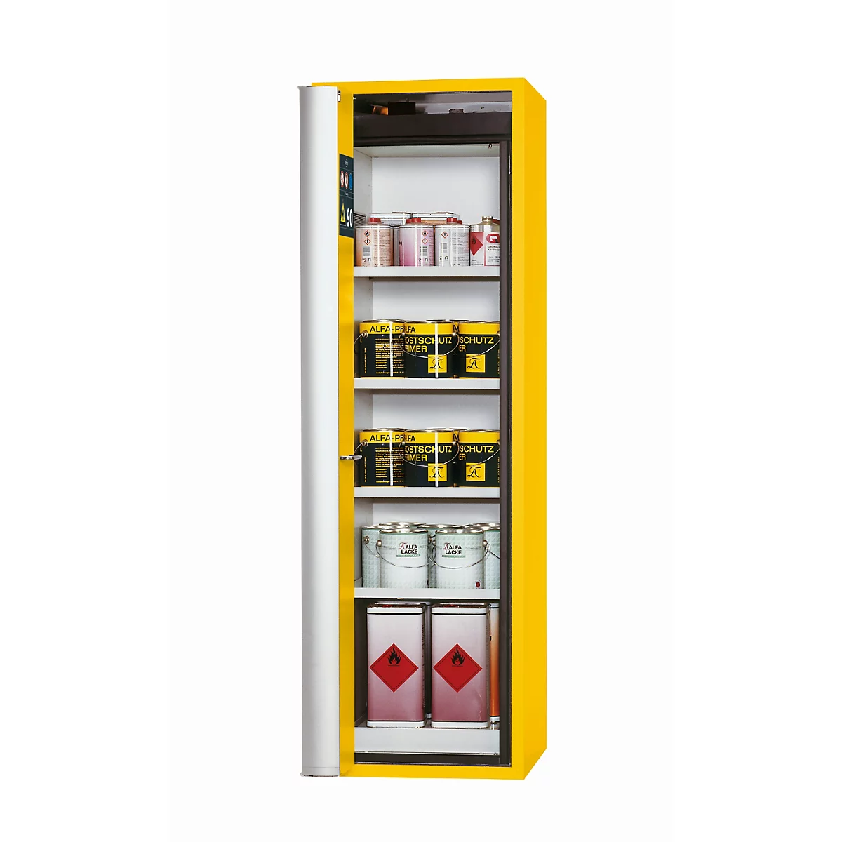 Armoire de sécurité de type 90 asecos S-PHOENIX Vol.2-90, porte pliante avec fermeture automatique, charnière à gauche, sécurité avant jaune, L 596 x P 616 x H 1968 mm