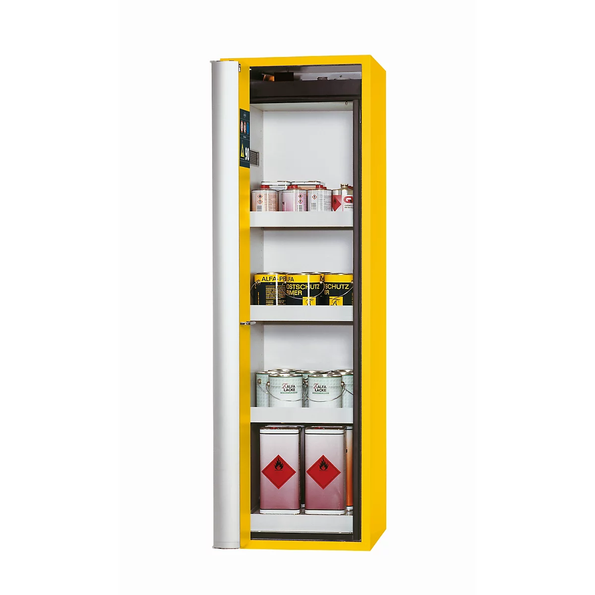 Armoire de sécurité de type 90 asecos S-PHOENIX Vol.2-90, porte pliante avec fermeture automatique, charnière à gauche, sécurité avant jaune, L 596 x P 616 x H 1968 mm
