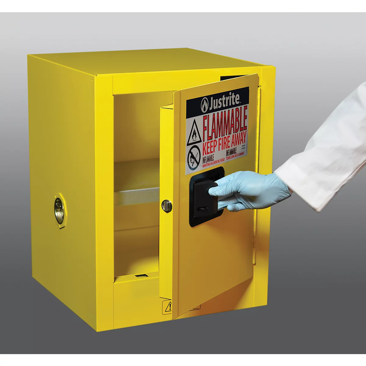 Armoire de sécurité Justrite FM Countertop Sure-Grip® EX, pour liquides inflammables, jusqu'à 15 litres, porte à fermeture manuelle, jaune