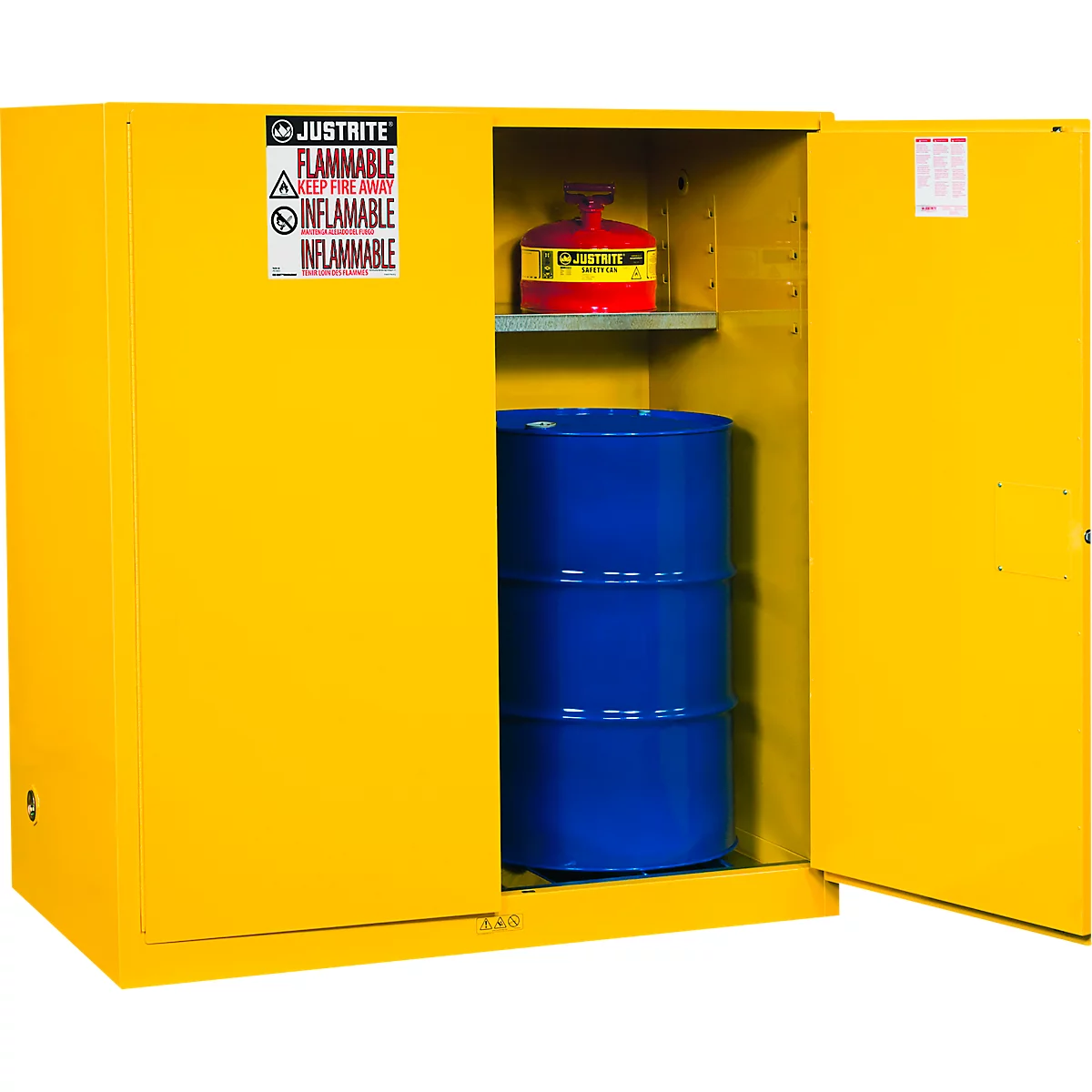 Armoire de sécurité Justrite FM Vertical Drum Sure-Grip® EX, pour 1x fût de 200 litres, portes à fermeture manuelle, jaune