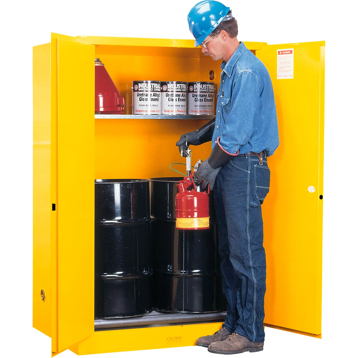 Armoire de sécurité Justrite FM Vertical Drum Sure-Grip® EX, pour 1x fût de 200 litres, portes à fermeture manuelle, jaune