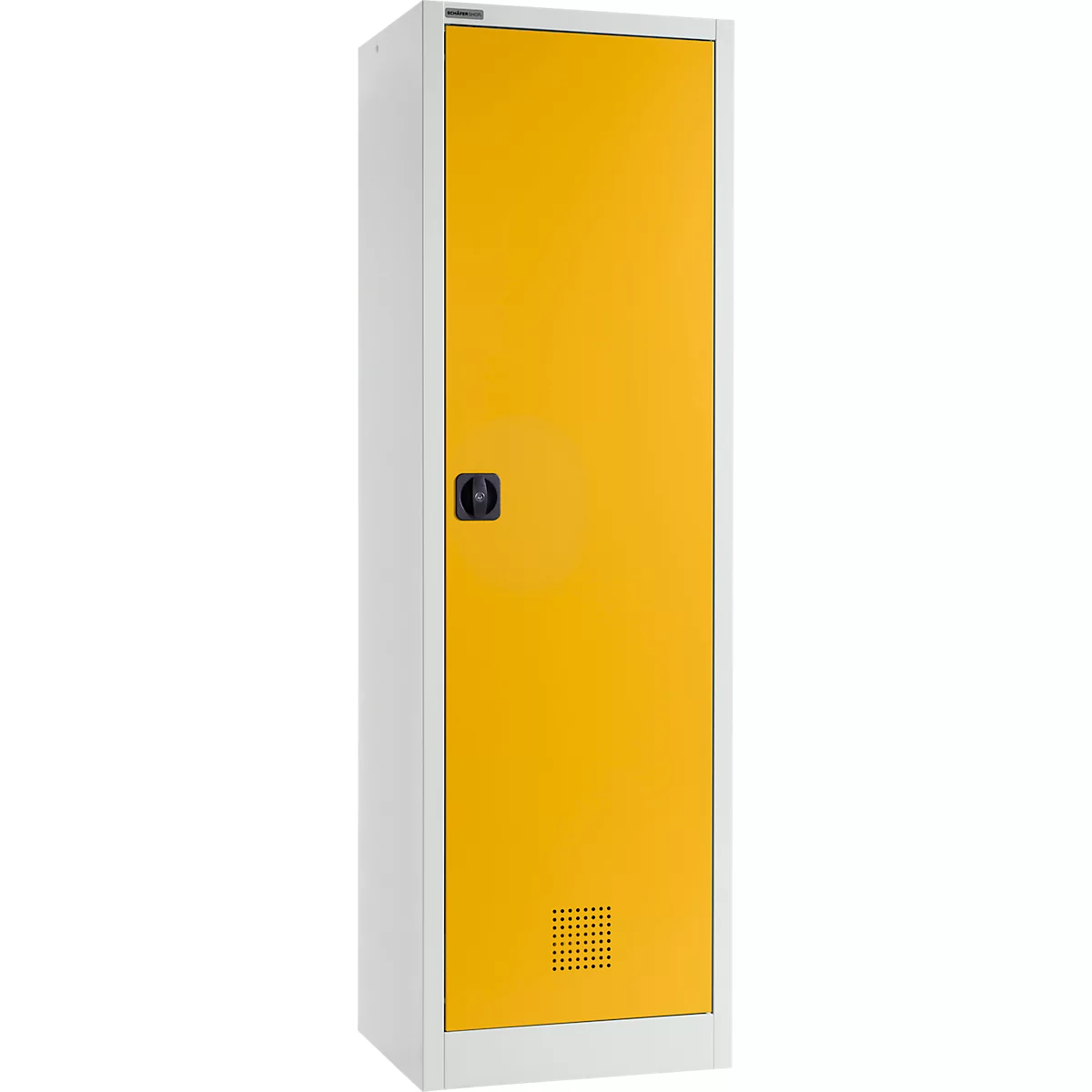 Casier blanc avec porte jaune. Poignée noire et fentes de ventilation en bas.