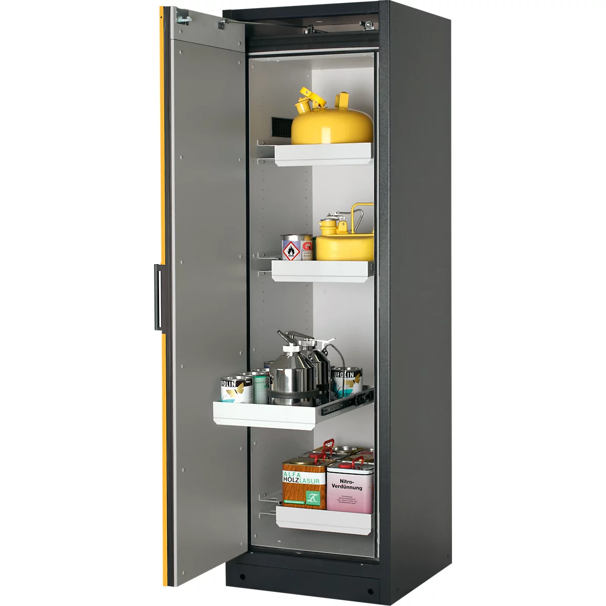 Armoire de sécurité Q Classic 90 Asecos, l. 600 x P 615 x H 1953 mm, porte fixée à gauche, 4 tiroirs en acier, gris anthracite/jaune sécurité (RAL 1004)
