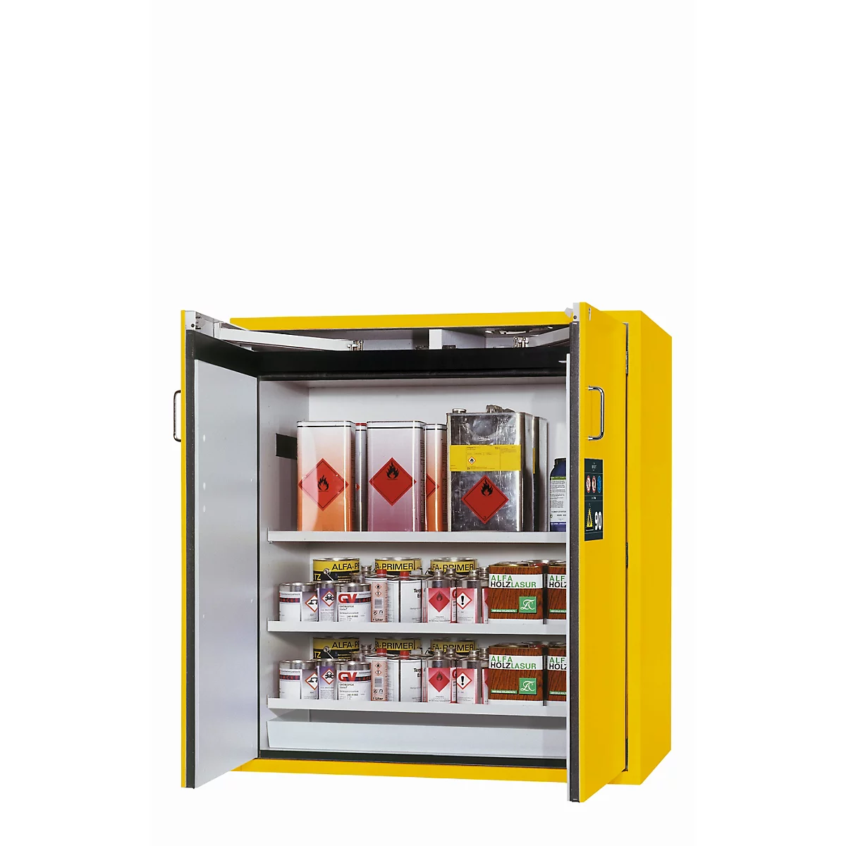Armoire de sécurité type 90 asecos S-CLASSIC-90, portes battantes avec système de fermeture, façade de sécurité jaune, L 1196 x P 616 x H 1298 mm