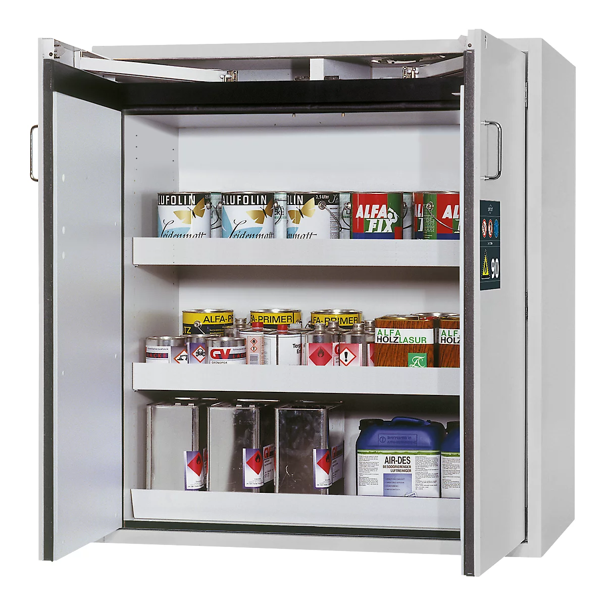 Armoire de sécurité type 90 asecos S-CLASSIC-90, portes battantes avec système de fermeture, façade gris clair, L 1196 x P 616 x H 1298 mm