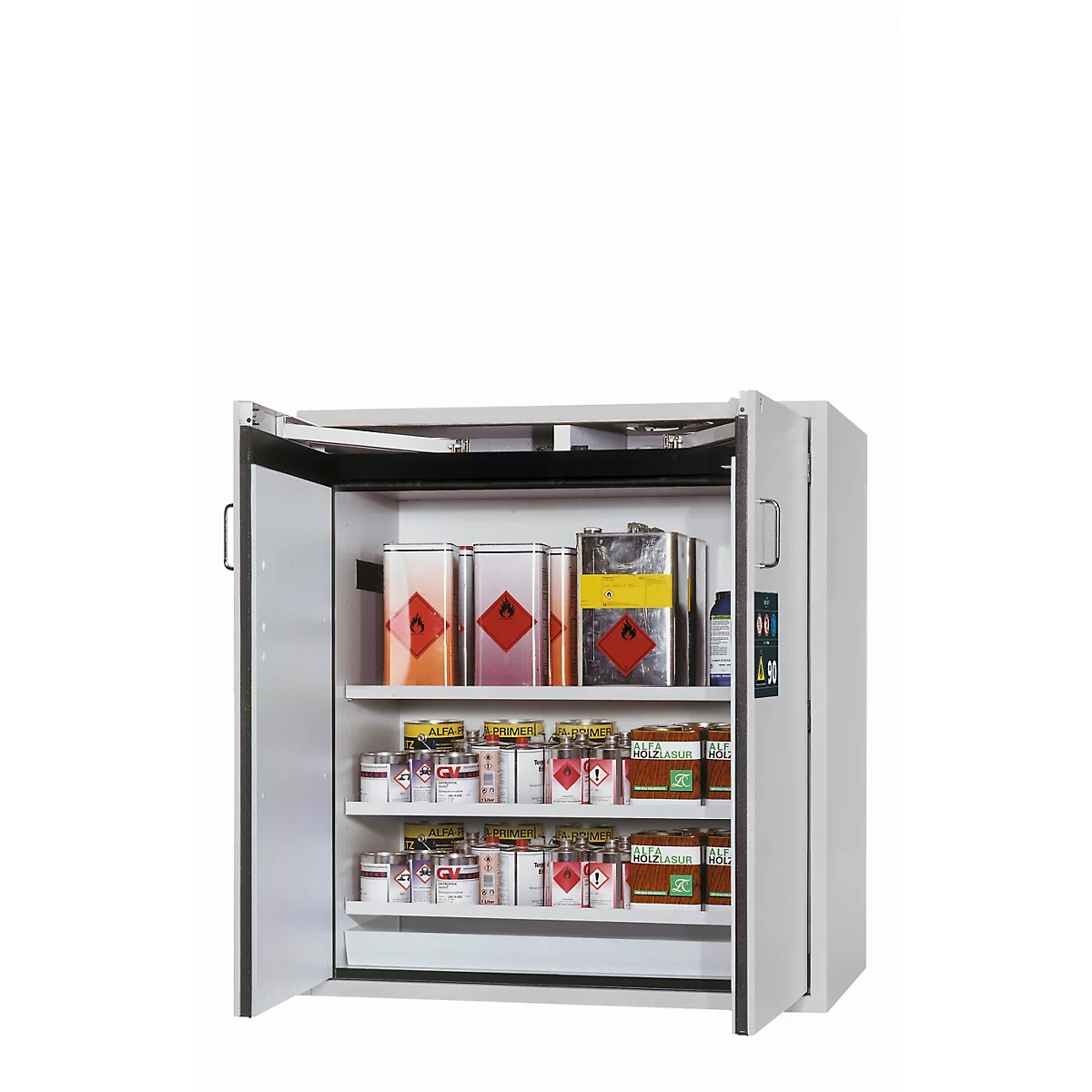 Armoire de sécurité type 90 asecos S-CLASSIC-90, portes battantes, façade gris clair, L 1196 x P 616 x H 1298 mm