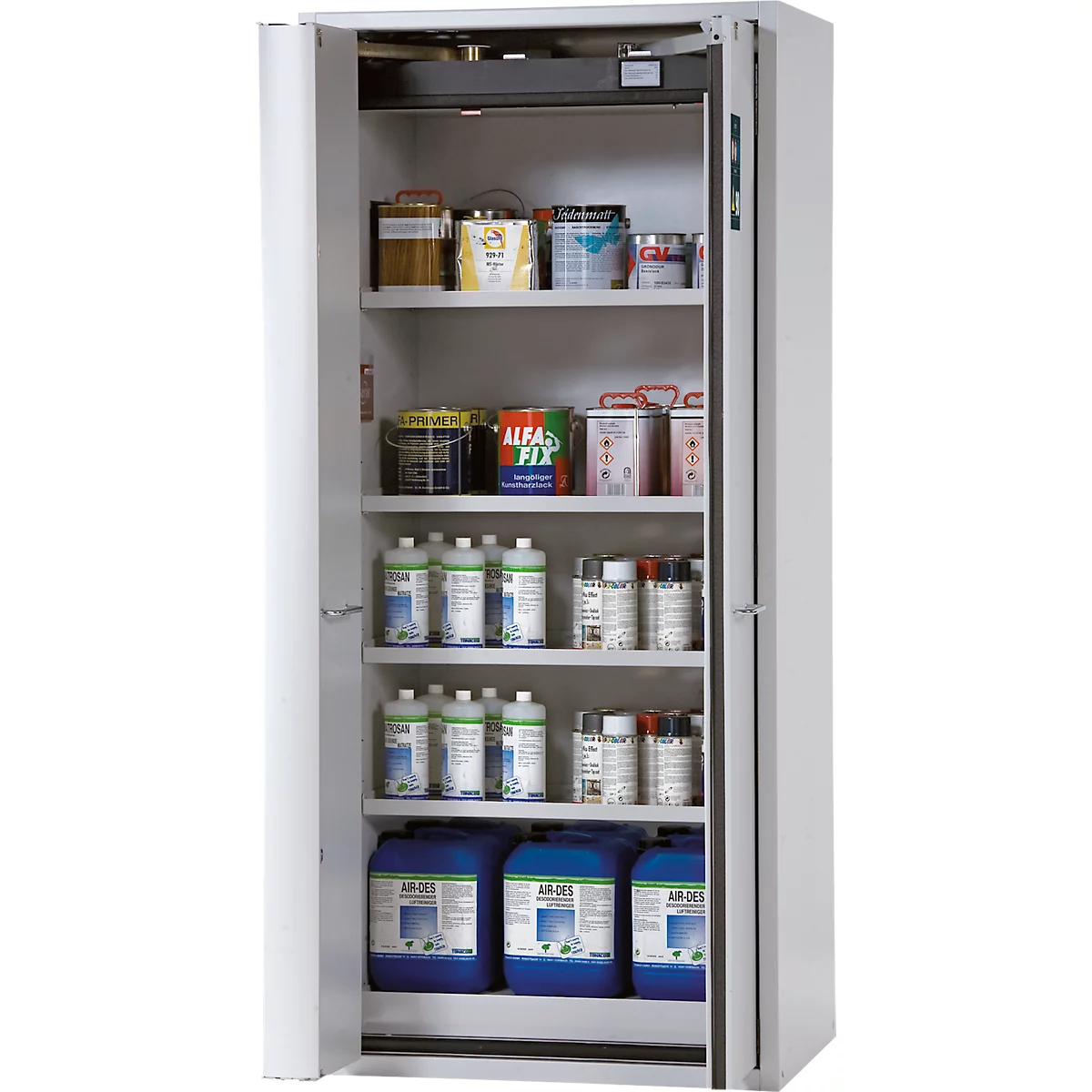 Armoire blanche avec portes ouvertes, remplie de récipients chimiques et de peintures sur des étagères.