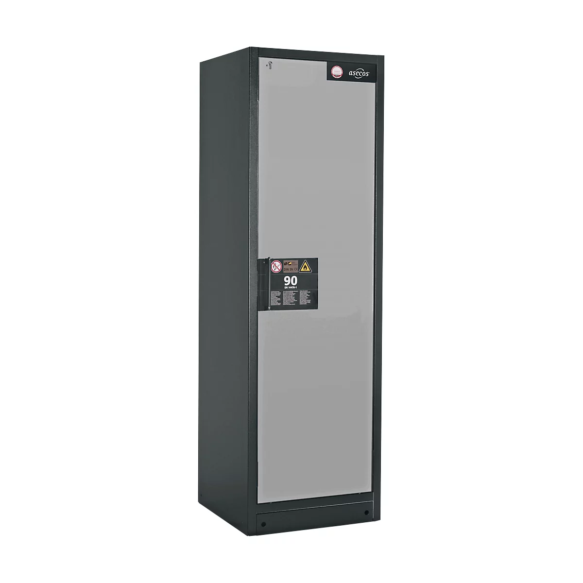 Armoire de sécurité type 90, l. 600 mm, porte fixée à droite, 3 étagères, argent asecos