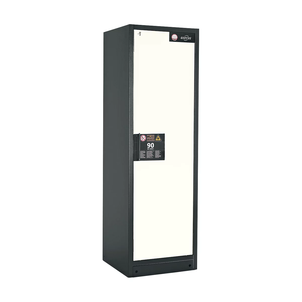 Armoire de sécurité type 90, l. 600 mm, porte fixée à droite, 3 étagères, blanc pur