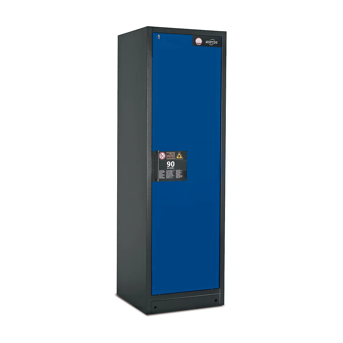 Armoire de sécurité type 90, l. 600 mm, porte fixée à droite, 3 étagères, bleu gentiane