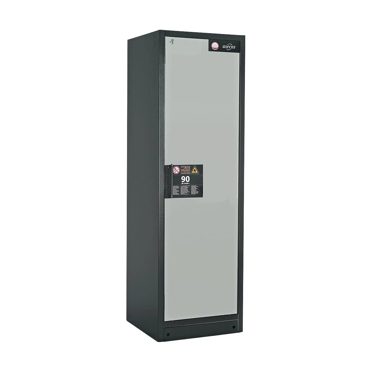 Armoire de sécurité type 90, l. 600 mm, porte fixée à droite, 3 étagères, gris clair