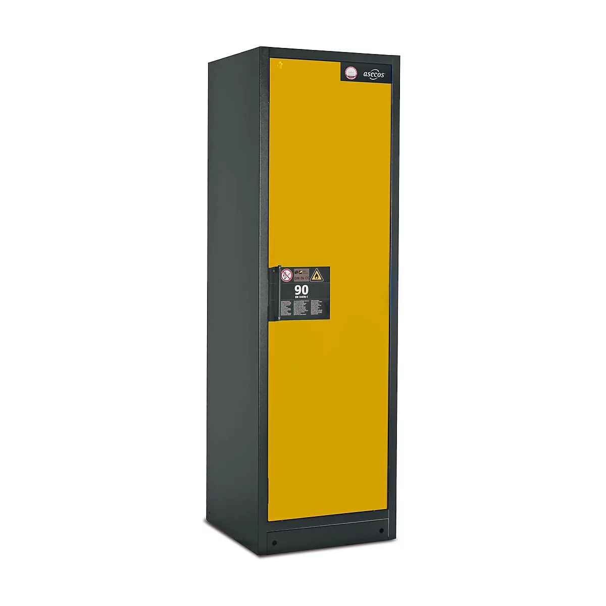 Armoire de sécurité type 90, l. 600 mm, porte fixée à droite, 3 étagères, jaune de sécurité