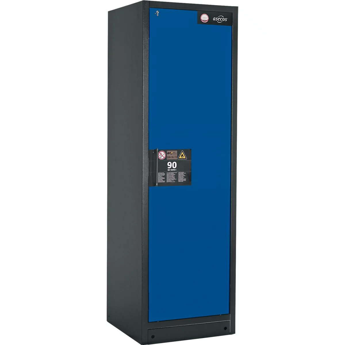 Armoire de sécurité type 90, l. 600 mm, porte fixée à gauche, 3 étagères, bleu gentiane