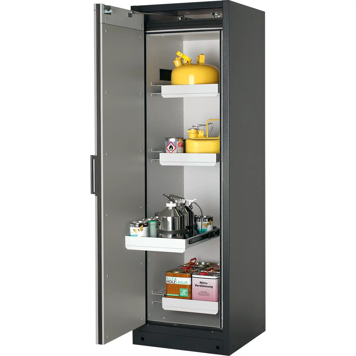 Armoire de sécurité type 90, l. 600 mm, porte fixée à gauche, 4 tiroirs, argent asecos