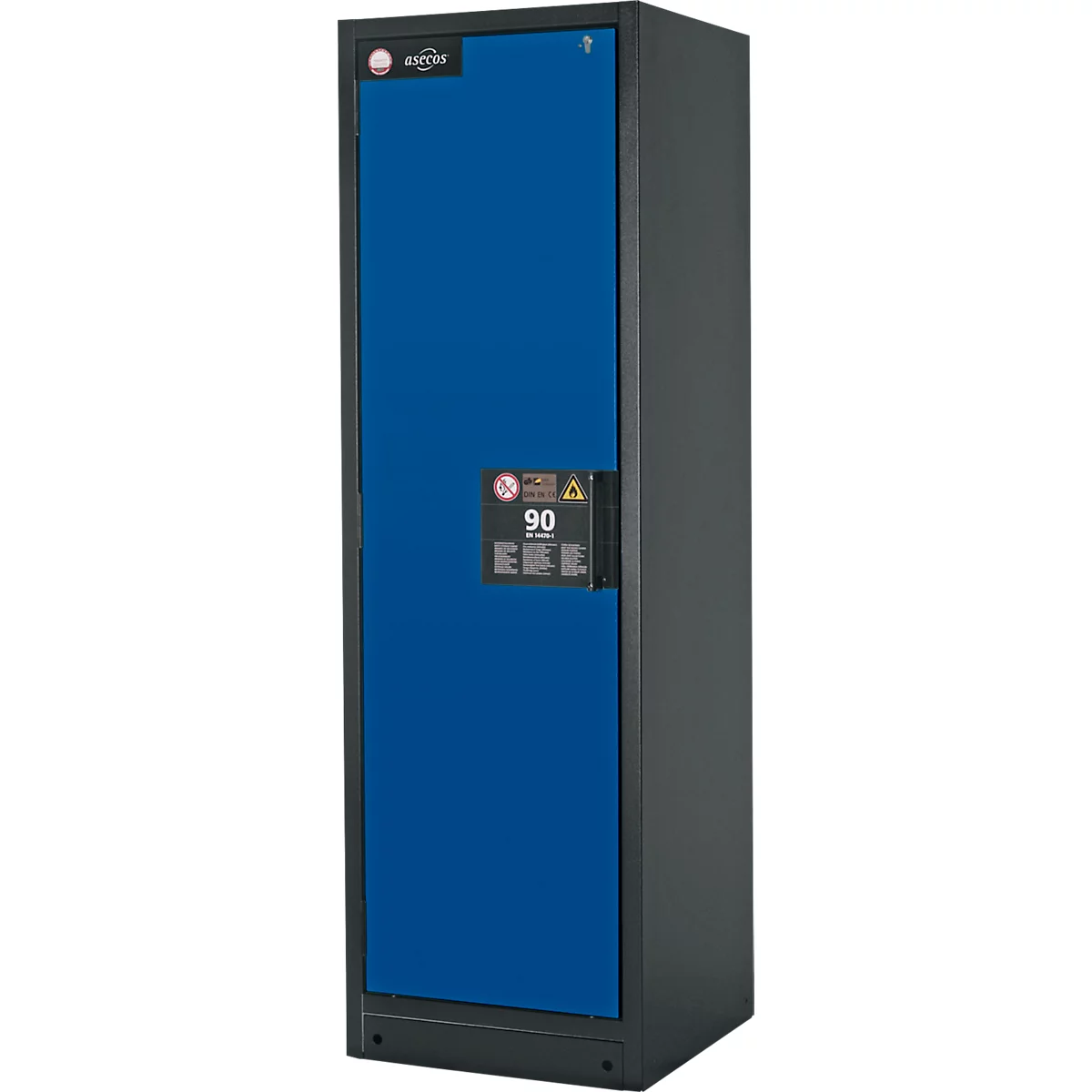 Armoire de sécurité type 90, l. 600 mm, porte fixée à gauche, 4 tiroirs, bleu gentiane