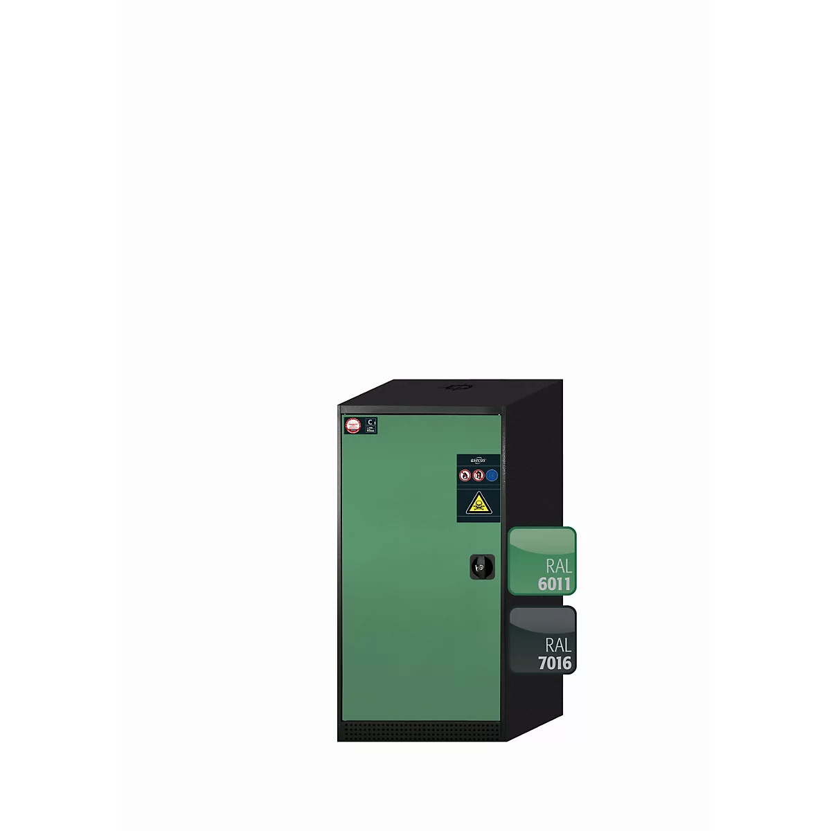 armoire de stockage de produits chimiques asecos CS-CLASSIC, porte à charnières, charnières à gauche, façade vert réséda, L 545 x P 520 x H 1105 mm