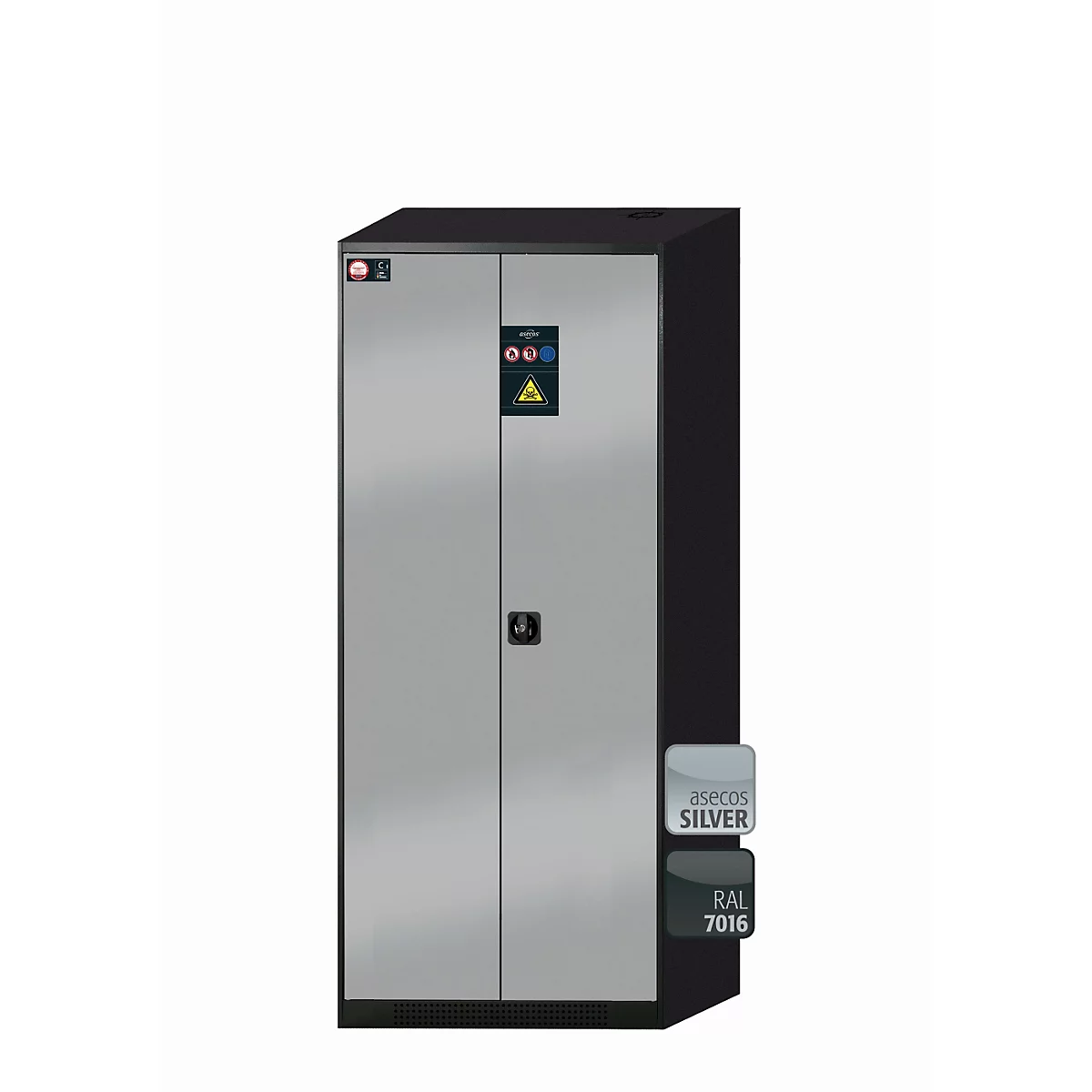 Armoire avec portes argentées, cadre noir et éléments de commande. Références de couleur à droite: 'asecos SILVER' et 'RAL 7016'.