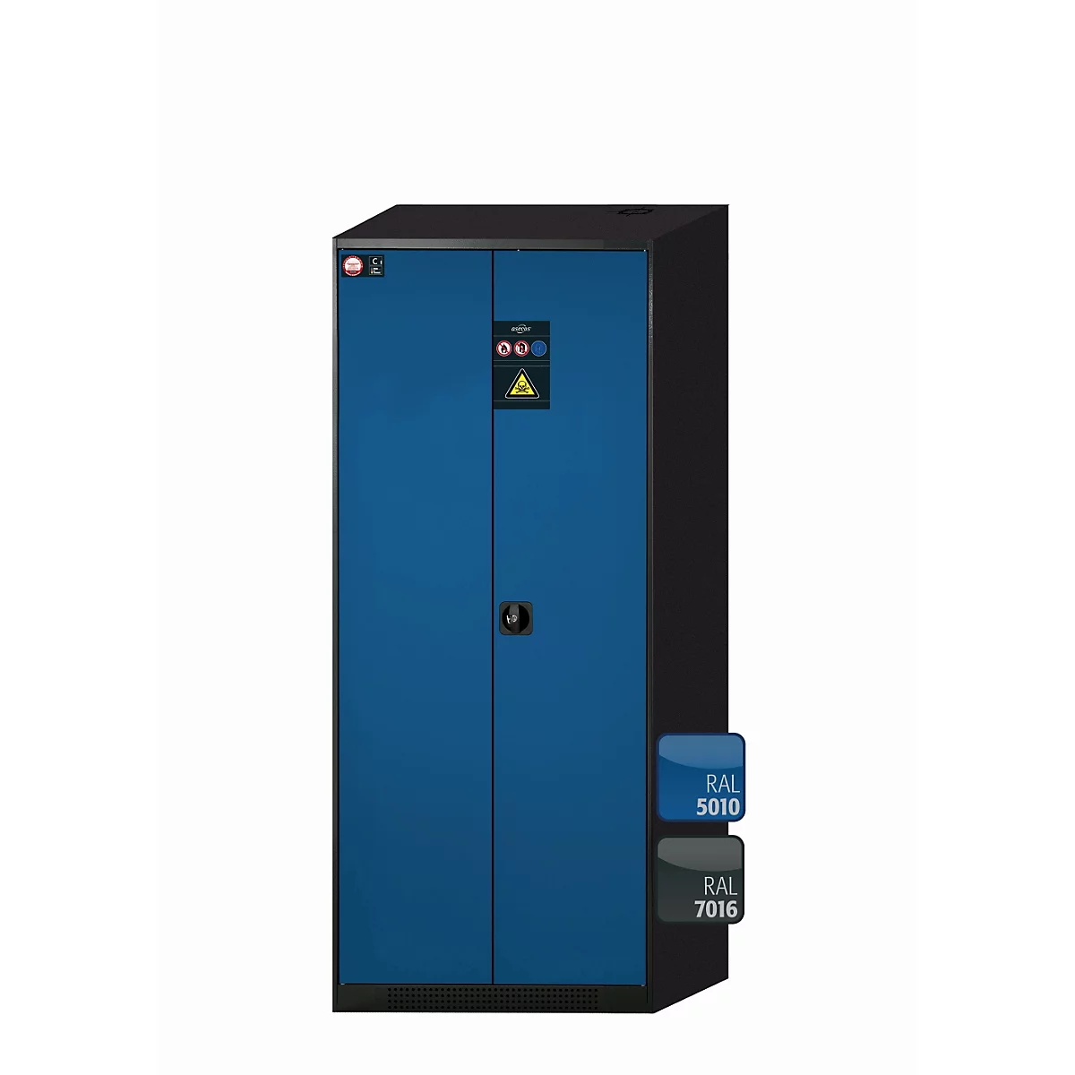 Armoire électrique bleue avec deux portes. Panneau d'avertissement et poignée sur les portes. Comparaison de couleurs avec RAL 5010 et RAL 7016.