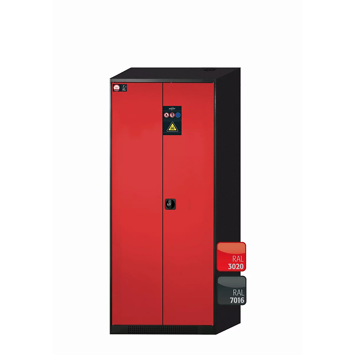 Armoire rouge et noire avec éléments de contrôle. Des exemples de codes de couleur sont présentés.