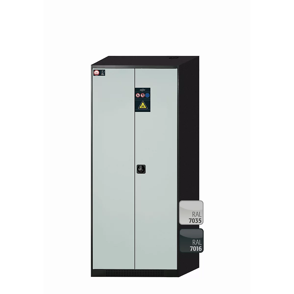 Armoire à deux portes, façade claire, côtés sombres. Triangle de signalisation. Échantillons de couleurs: RAL 7035, RAL 7016.