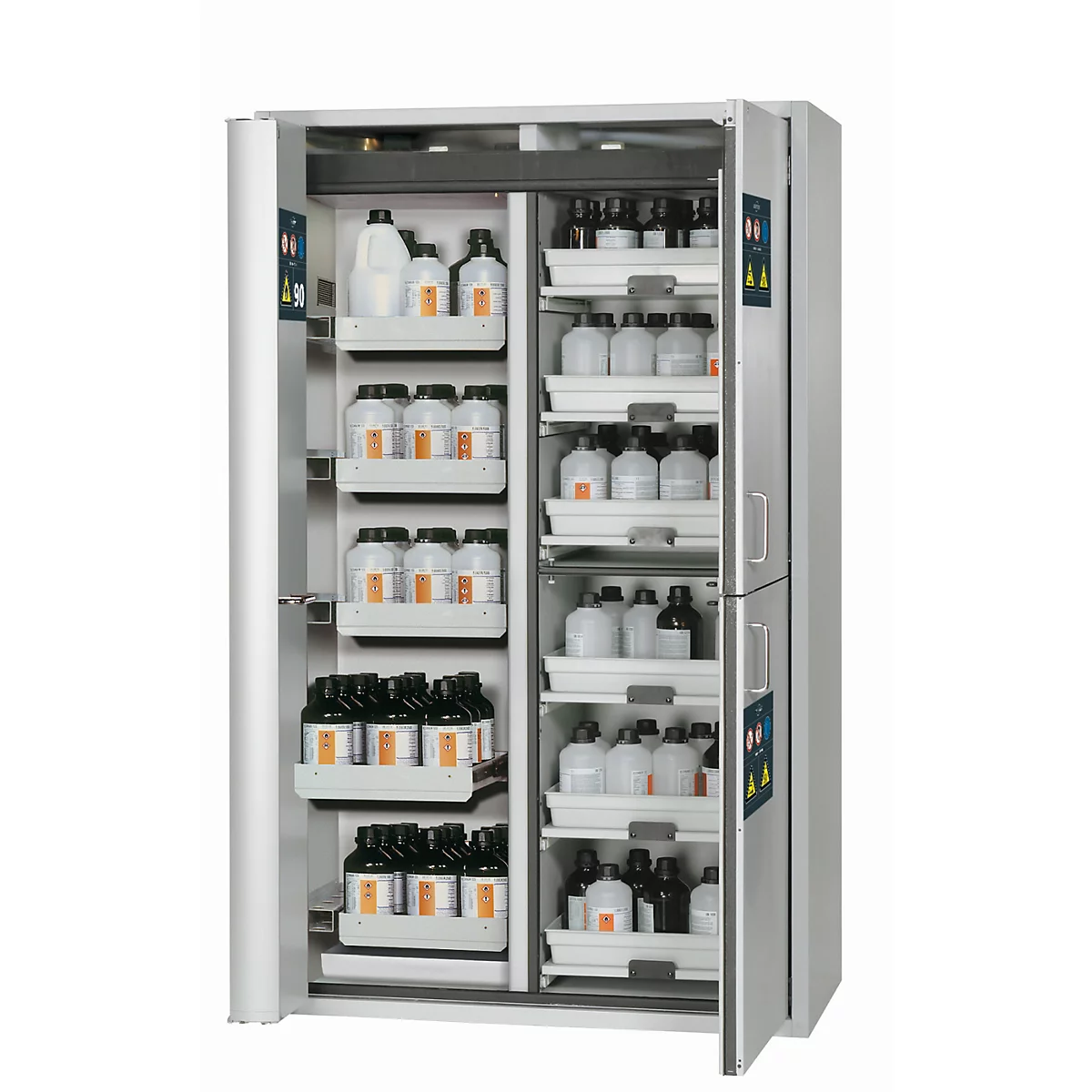Armoire de stockage de sécurité combinée de type 90 asecos K-PHOENIX-90, portes battantes et pliantes avec système d'arrêt de porte, façade gris clair, L 1197 x P 617 x H 1969 mm