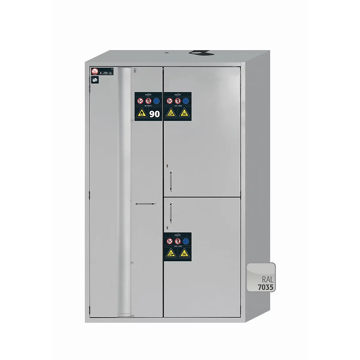 Armoire de stockage de sécurité combinée de type 90 asecos K-PHOENIX-90, portes battantes et pliantes avec système d'arrêt de porte, façade gris clair, L 1197 x P 617 x H 1969 mm