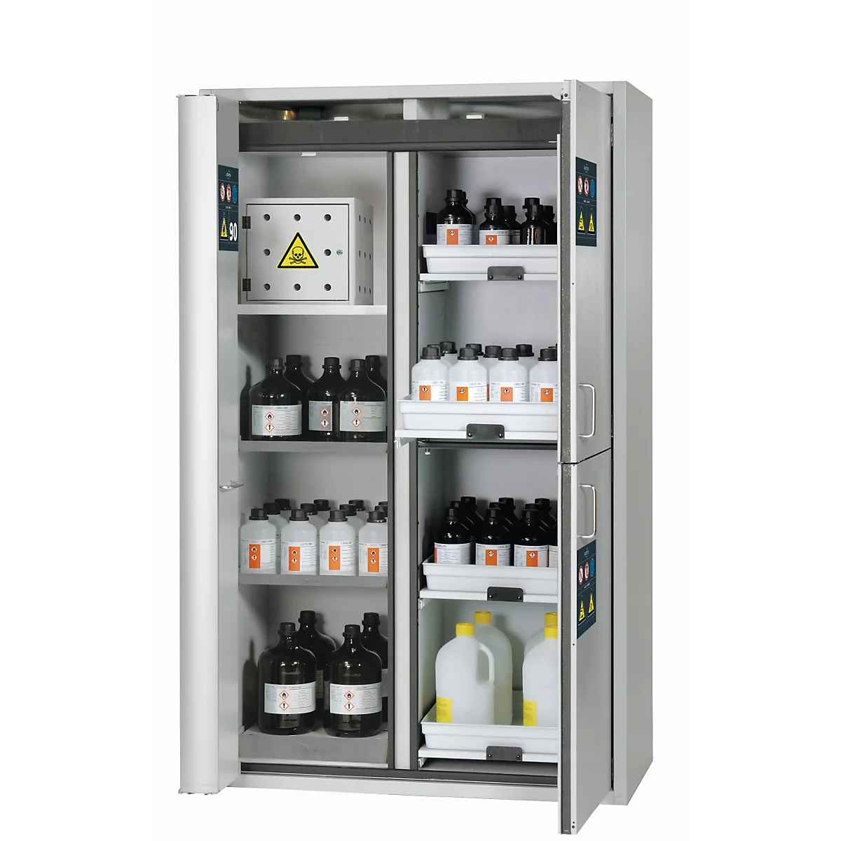Armoire de stockage de sécurité combinée de type 90 asecos K-PHOENIX-90, portes battantes et pliantes avec système d'arrêt de porte, façade gris clair, L 1197 x P 617 x H 1969 mm