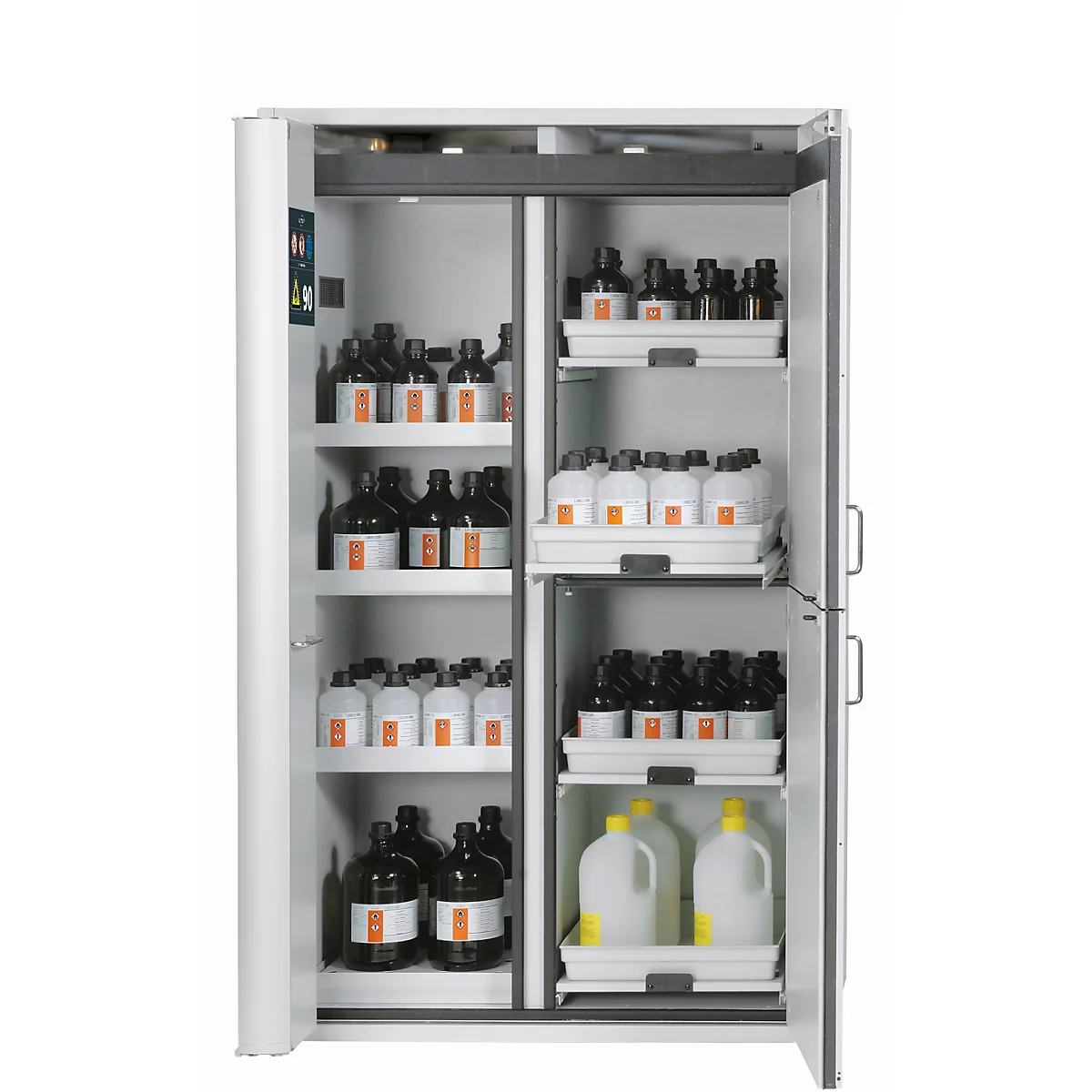 Armoire de stockage de sécurité combinée de type 90 asecos K-PHOENIX Vol.2-90, portes battantes et pliantes avec mécanisme de fermeture automatique, façade gris clair, L 1197 x P 617 x H 1969 mm