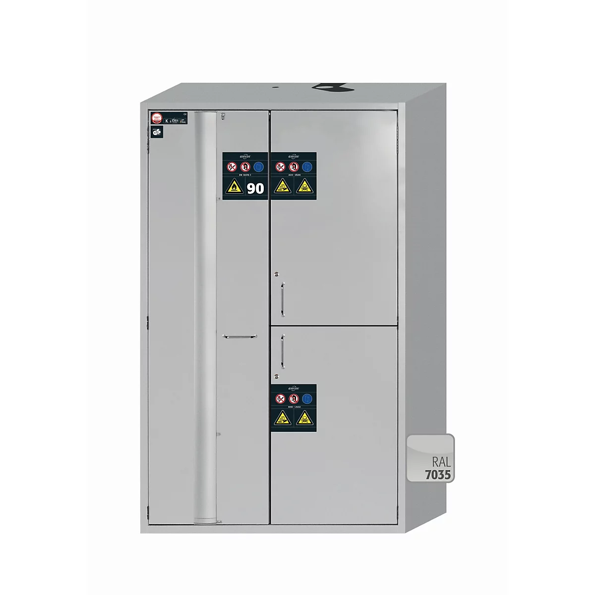 Armoire de stockage de sécurité combinée de type 90 asecos K-PHOENIX Vol.2-90, portes battantes et pliantes avec mécanisme de fermeture automatique, façade gris clair, L 1197 x P 617 x H 1969 mm