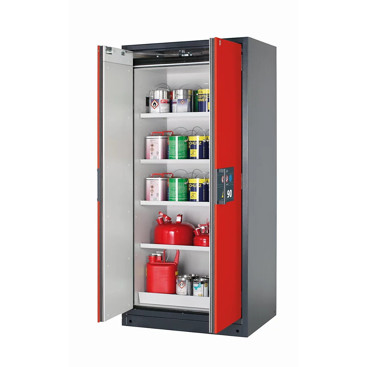 Armoire de stockage de sécurité de type 90 asecos Q-PEGASUS-90, portes battantes à fermeture automatique, commande d'une seule main, couleur rouge trafic frontal, L 893 x P 615 x H 1953 mm