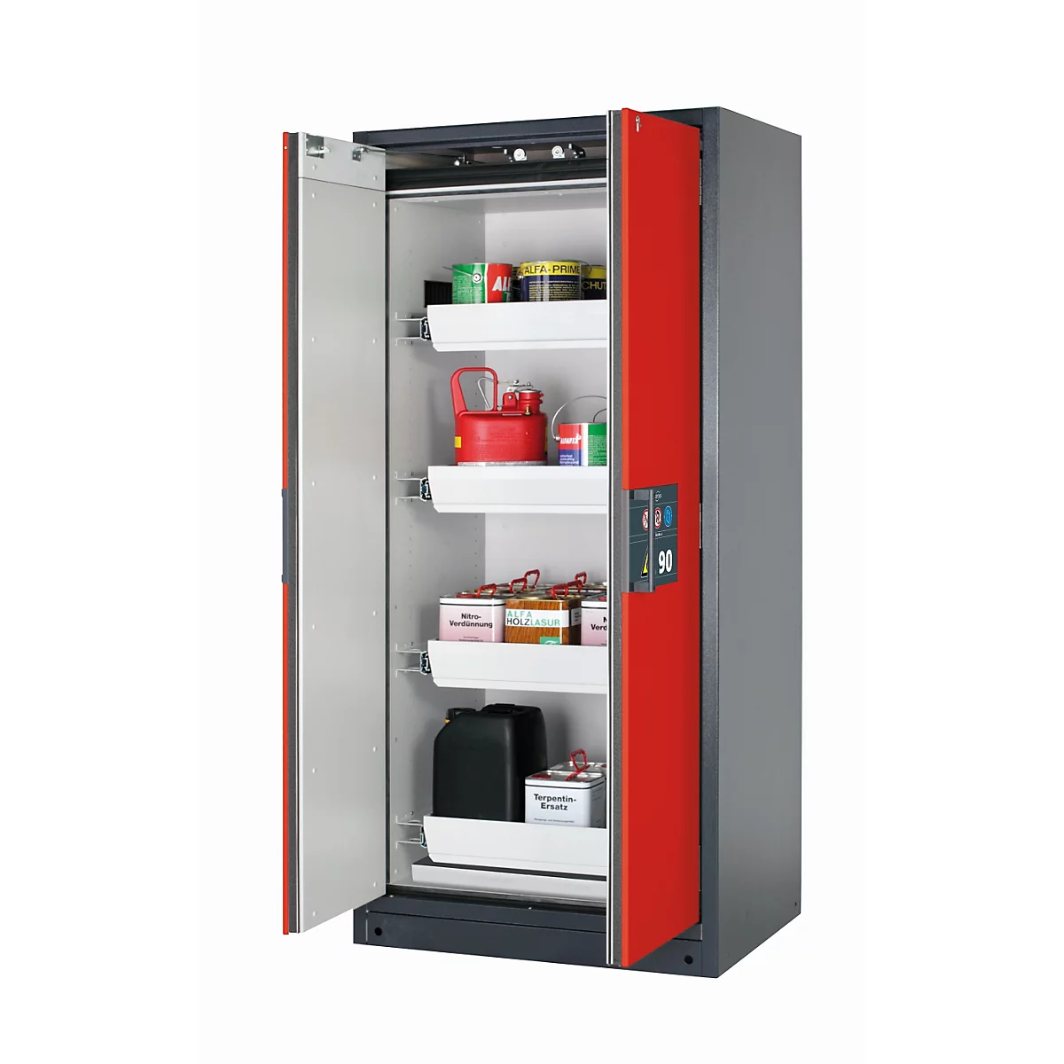 Une armoire de sécurité ouverte avec des portes rouges, montrant divers conteneurs et bouteilles sur des étagères blanches.