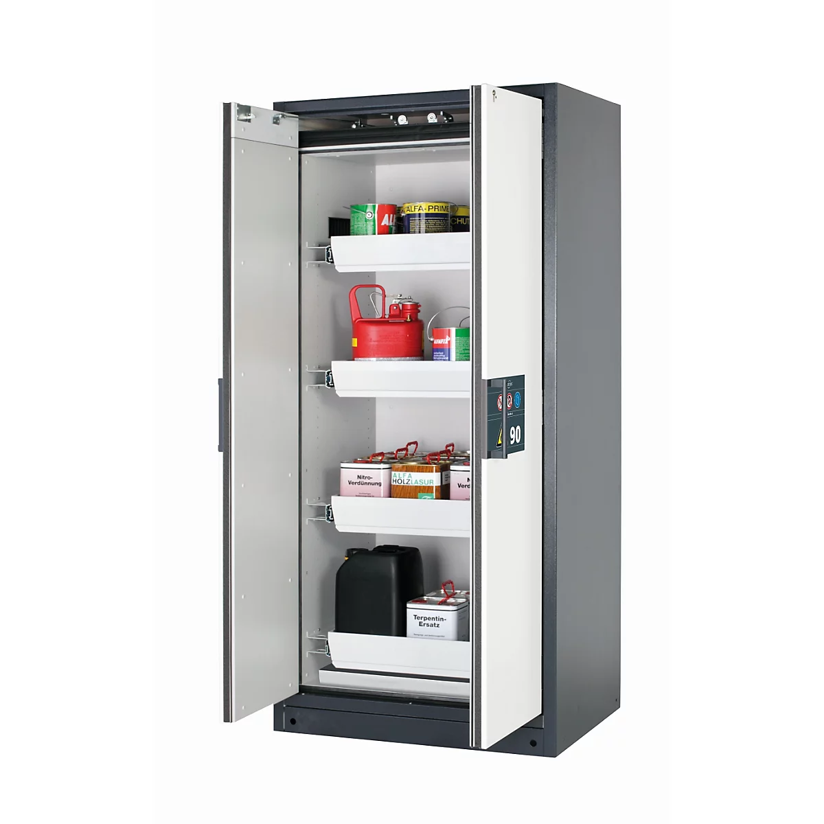 Armoire en acier grise ouverte, avec tiroirs blancs à l'intérieur, remplie de divers conteneurs et objets.