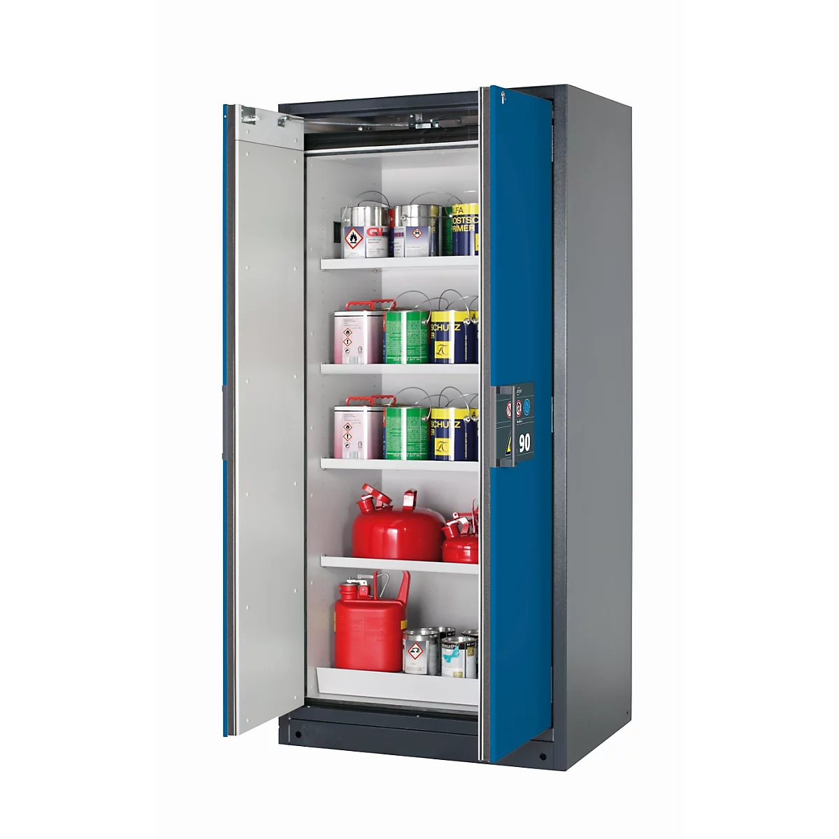 Armoire de stockage de sécurité de type 90 asecos Q-PEGASUS-90, portes battantes à fermeture automatique, commande d'une seule main, façade bleu gentiane, L 893 x P 615 x H 1953 mm