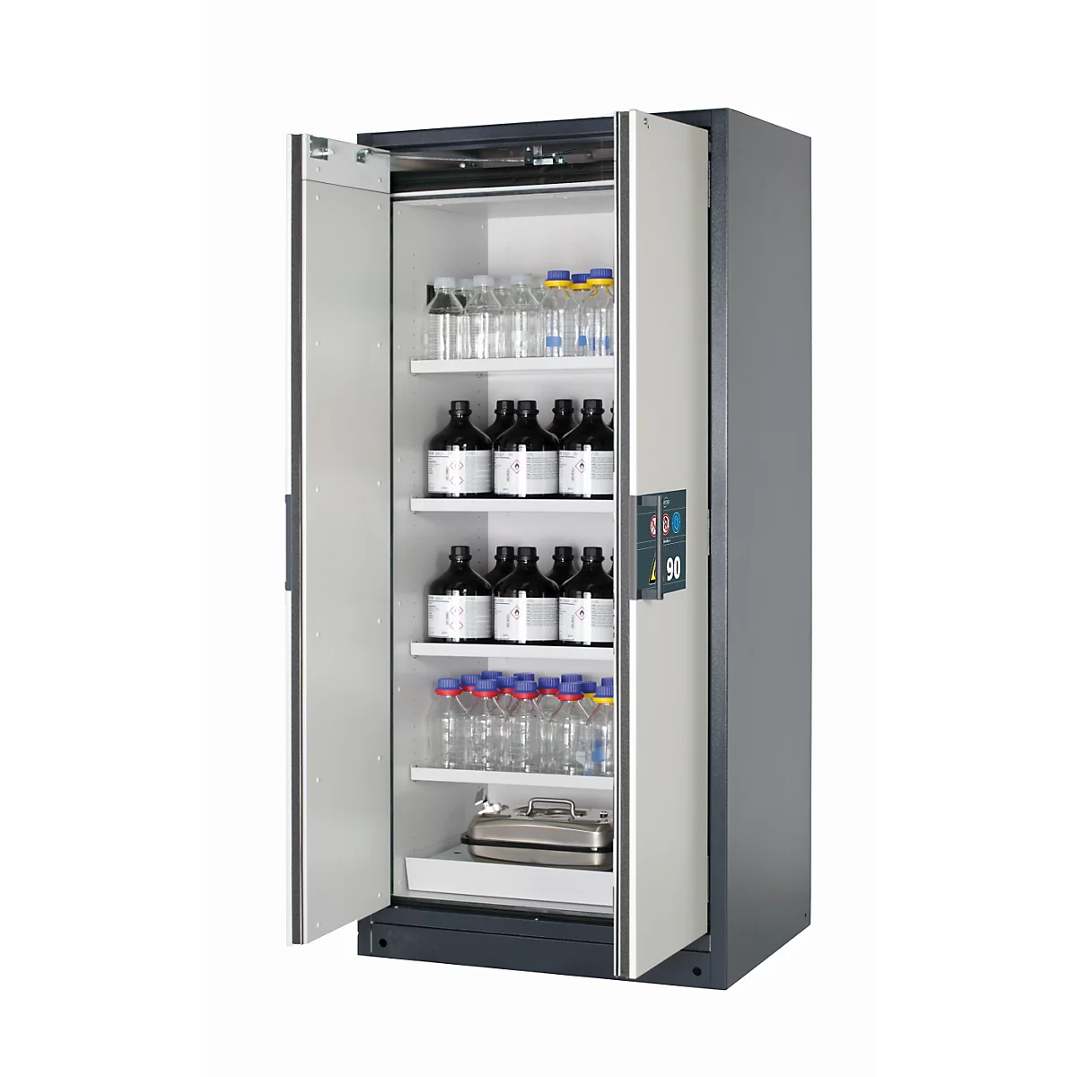 Armoire de stockage de sécurité de type 90 asecos Q-PEGASUS-90, portes battantes à fermeture automatique, commande d'une seule main, façade gris clair, L 893 x P 615 x H 1953 mm