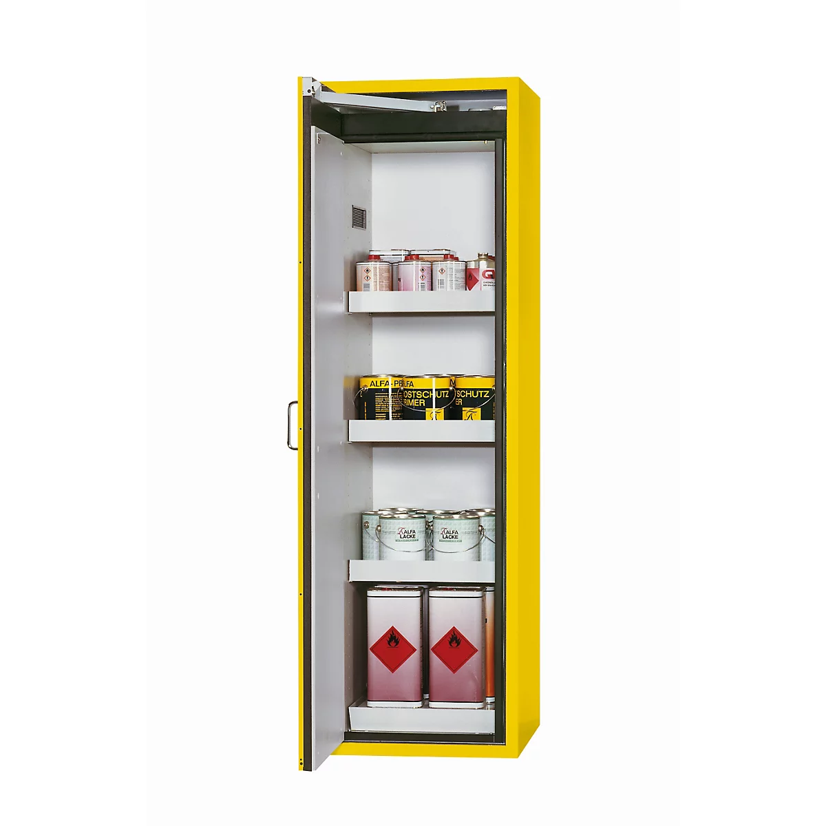 Armoire de stockage de sécurité de type 90 asecos S-CLASSIC-90, porte à charnières avec système d'arrêt, charnières à gauche, façade en jaune de sécurité, L 596 x P 616 x H 1968 mm