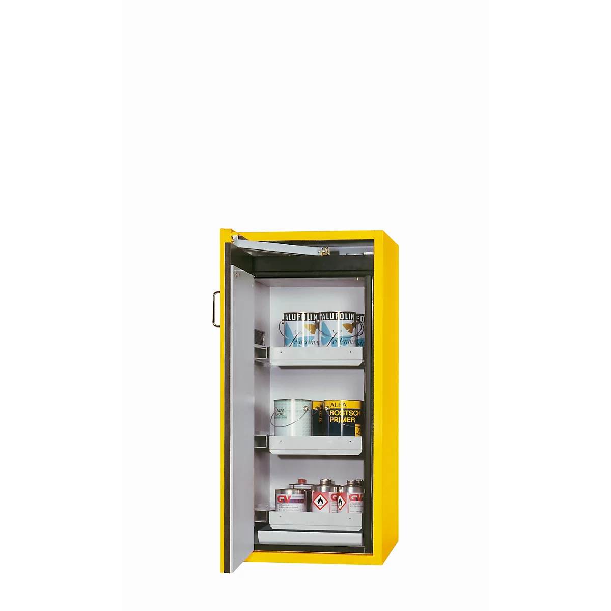 Armoire de stockage de sécurité de type 90 asecos S-CLASSIC-90, porte à charnières avec système d'arrêt de porte, charnières à gauche, façade en jaune de sécurité, L 596 x P 616 x H 1298 mm