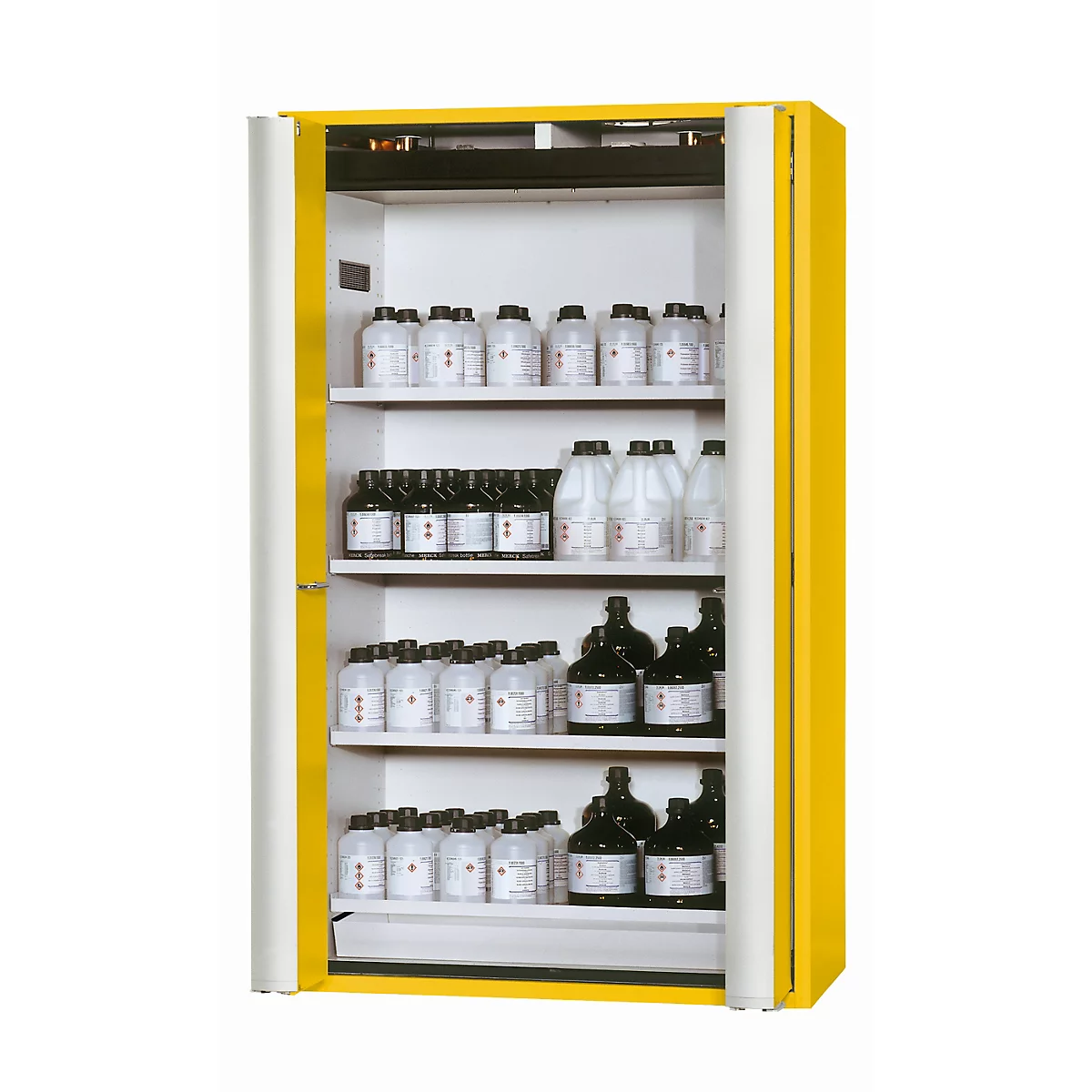 Armoire de stockage de sécurité de type 90 asecos S-PHOENIX-90, portes pliantes avec système d'arrêt de porte, façade en jaune de sécurité, L 1196 x P 616 x H 1968 mm
