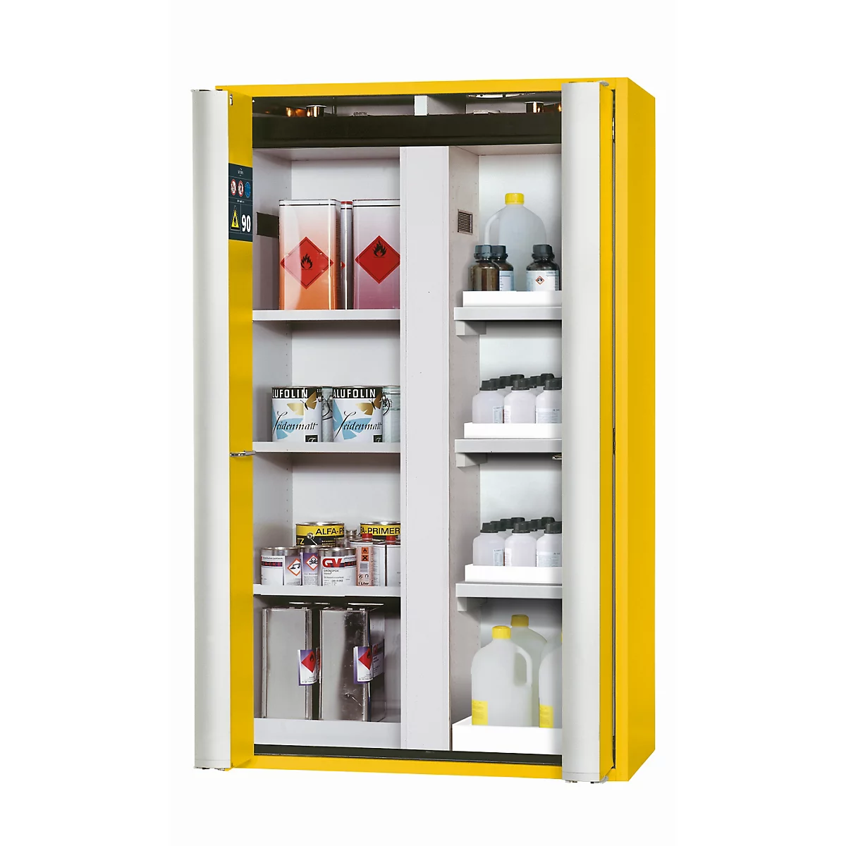 Armoire de stockage de sécurité de type 90 asecos S-PHOENIX-90, portes pliantes avec système d'arrêt de porte, façade en jaune de sécurité, L 1196 x P 616 x H 1968 mm