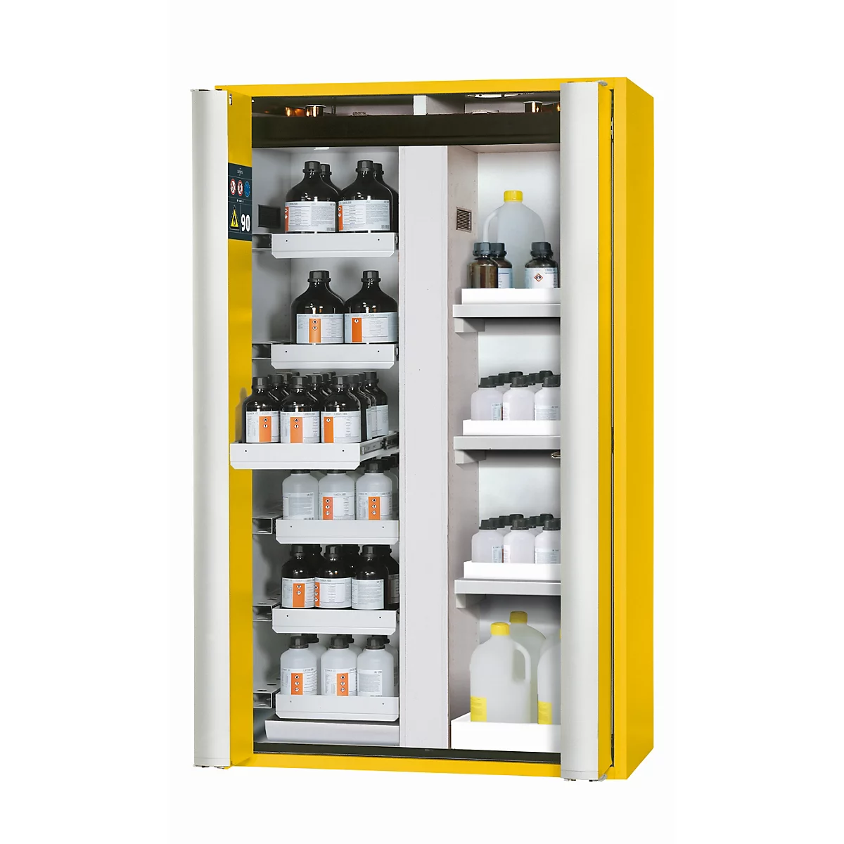 Armoire de stockage de sécurité de type 90 asecos S-PHOENIX-90, portes pliantes avec système d'arrêt de porte, façade en jaune de sécurité, L 1196 x P 616 x H 1968 mm