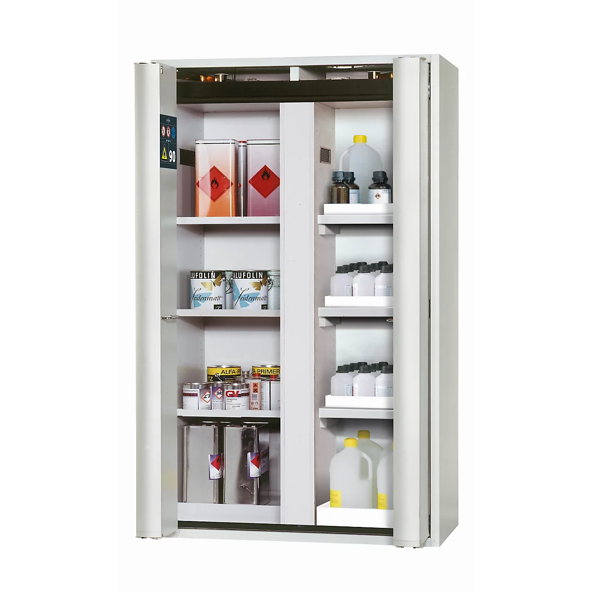 Armoire de stockage de sécurité de type 90 asecos S-PHOENIX-90, portes pliantes avec système d'arrêt de porte, façade gris clair, L 1196 x P 616 x H 1968 mm