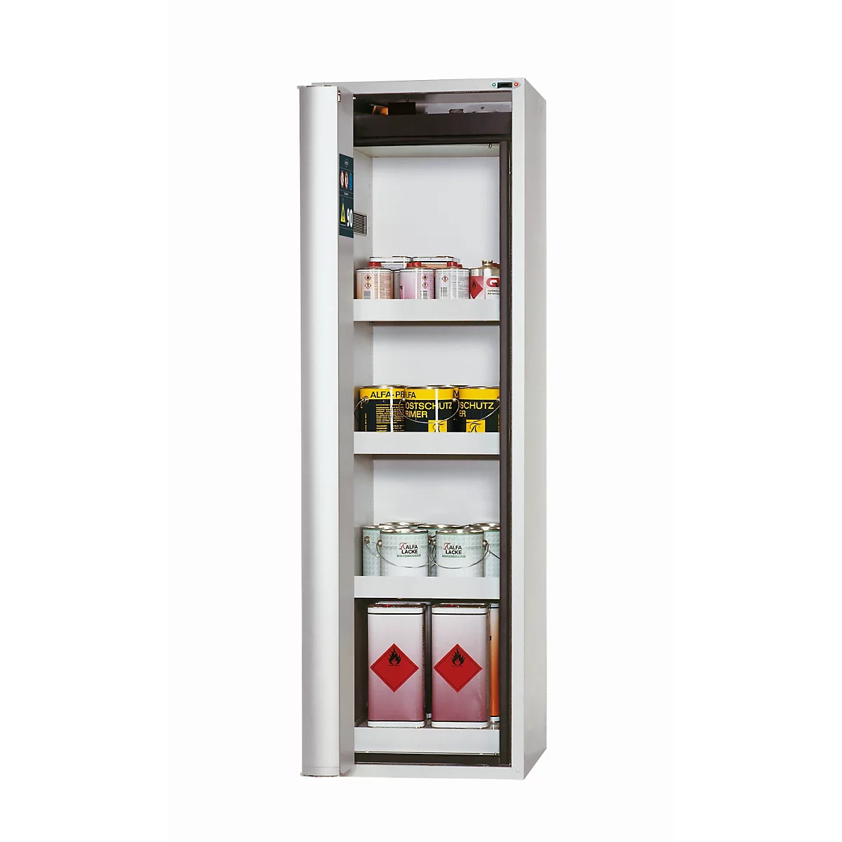 Armoire de stockage de sécurité de type 90 asecos S-PHOENIX touchless-90, porte pliante à détection entièrement automatique, arrêt à gauche, façade gris clair, L 596 x P 616 x H 1968 mm