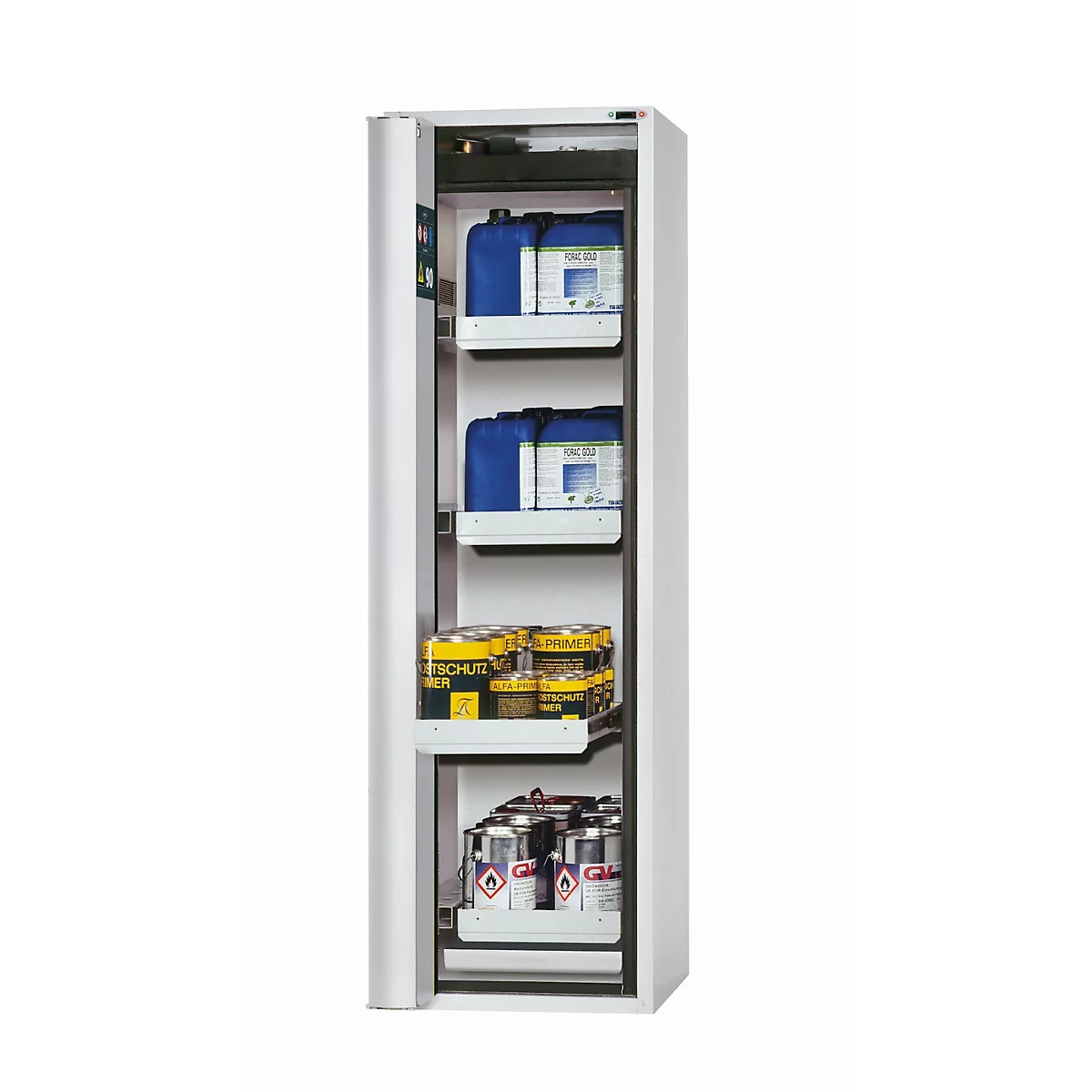 Armoire de stockage de sécurité de type 90 asecos S-PHOENIX touchless-90, porte pliante à détection entièrement automatique, arrêt à gauche, façade gris clair, L 596 x P 616 x H 1968 mm